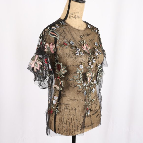 Zara Floral Embroidered Sheer Top Small - Picture 7 of 12